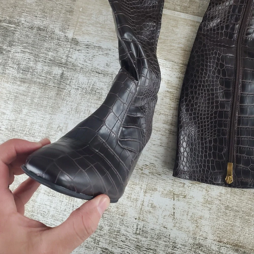 Franco Sarto Talfer Womens Knee-High Boots Sz 7 M Brown Croc Print Side Zipper